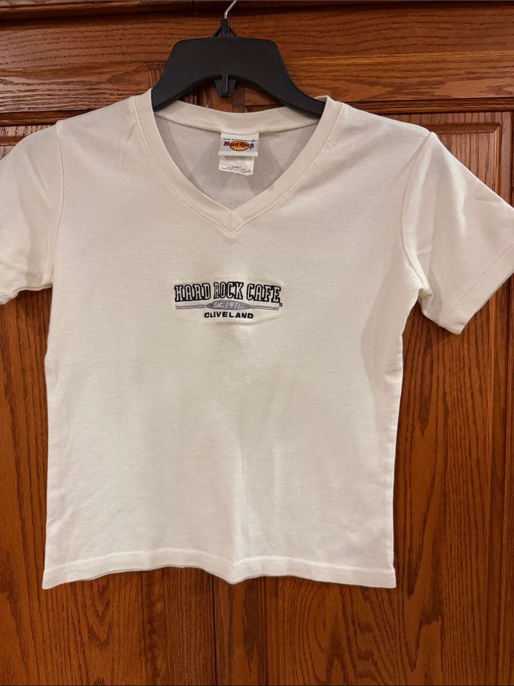 Hard Rock Cafe White V-Neck Tee with Black Cleveland Logo